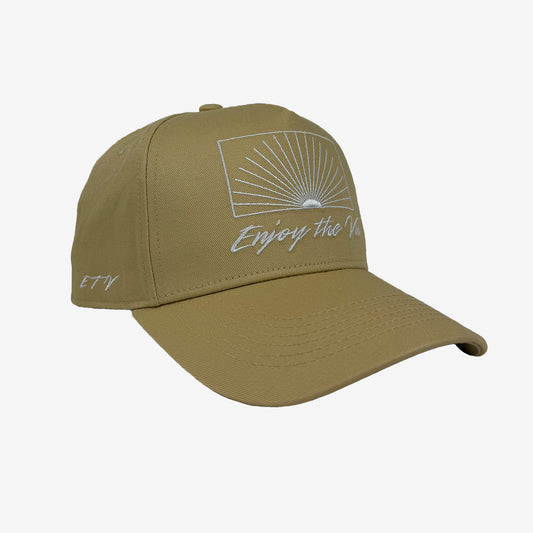 Khaki UPF 50+ cap with 'Enjoy the View' text on a white background