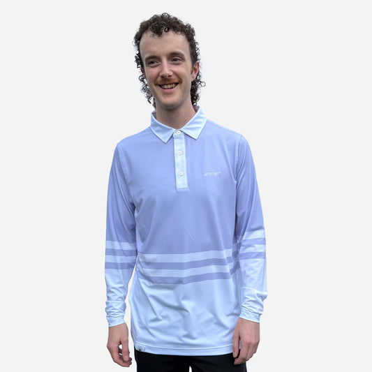 Man wearing a lavender UPF 50+ long-sleeve polo shirt with white stripes on a plain background
