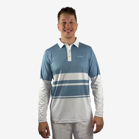 Man wearing a blue and white striped  UPF 50+ long-sleeve shirt on a white background