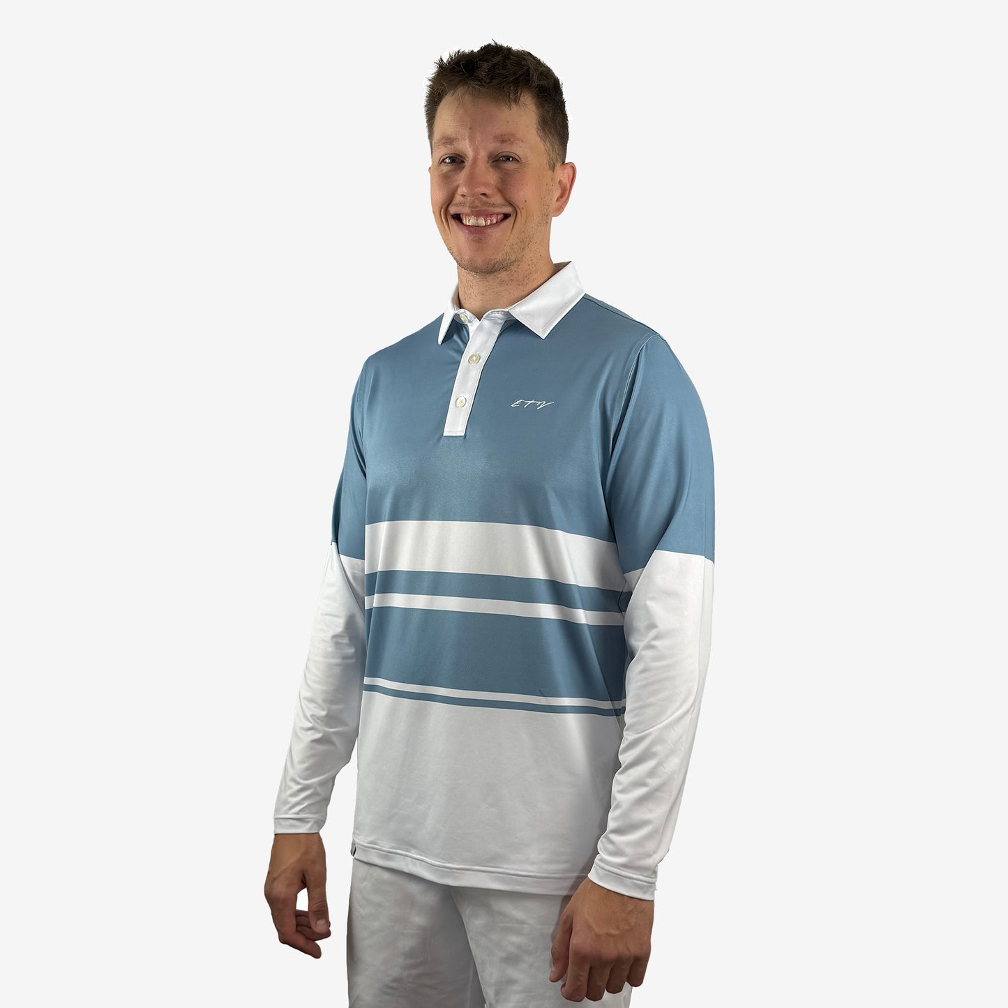 Man wearing a blue and white striped UPF 50+ long-sleeve shirt on a white background