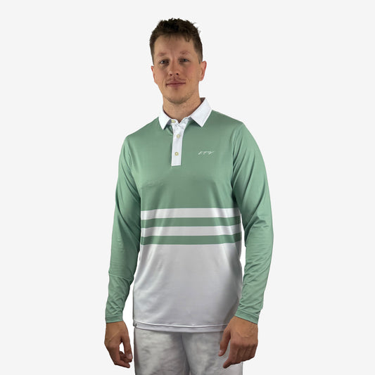 Man wearing a green and white striped UPF 50+ long-sleeve shirt on a white background