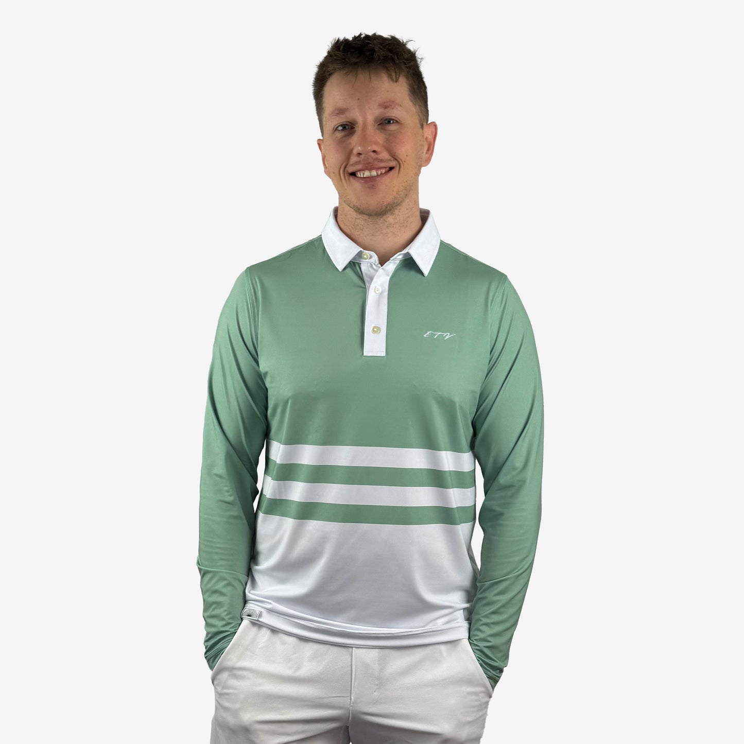 Man wearing a green and white striped UPF 50+ long-sleeve shirt on a white background