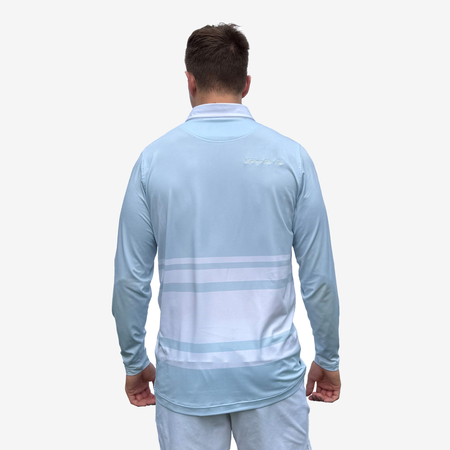 Man wearing a light blue UPF 50+ long-sleeve shirt with white stripes on a white background Shot from the back.
