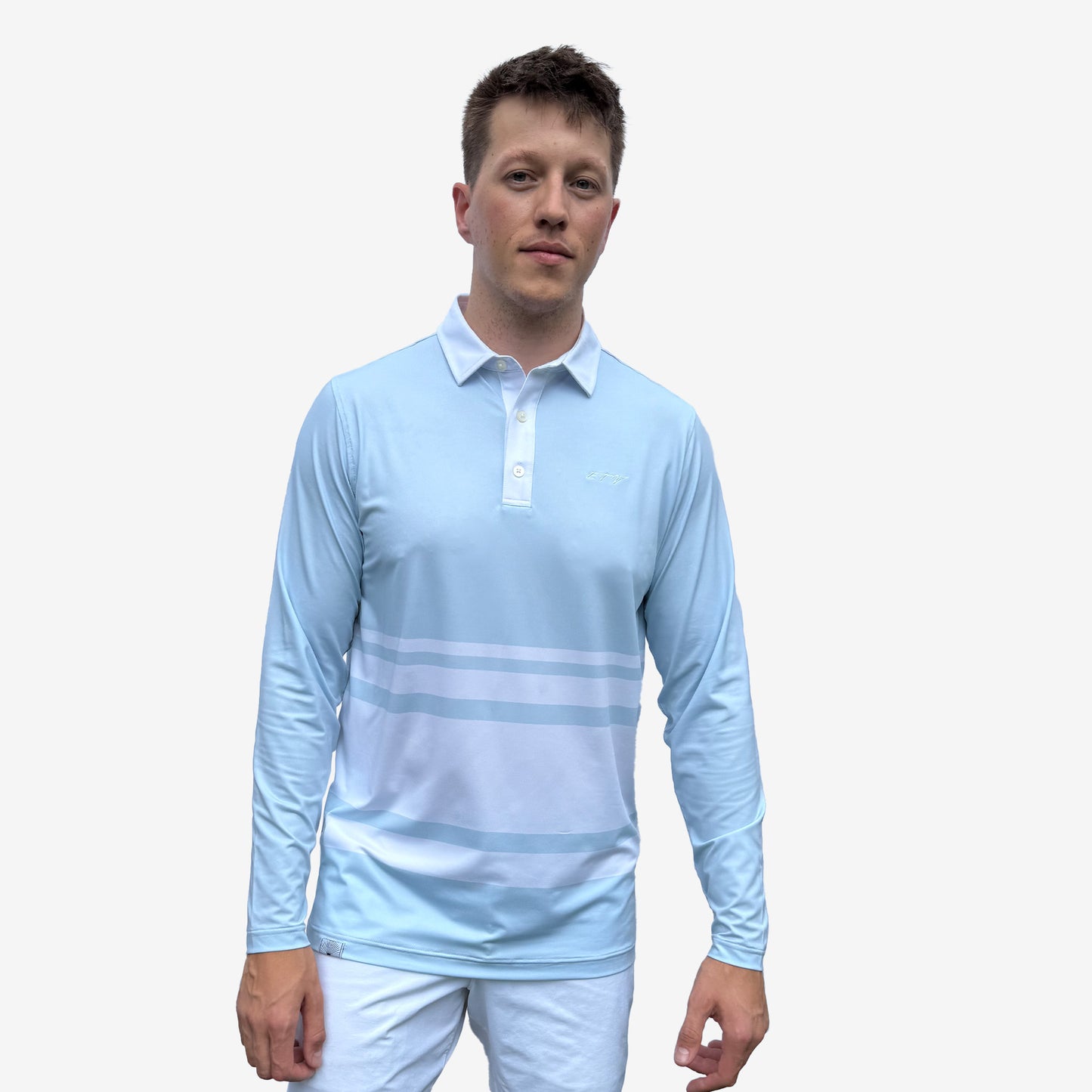 Man wearing a light blue UPF 50+ long-sleeve shirt with white stripes on a white background