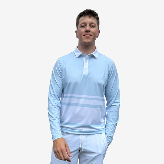 Man wearing a light blue UPF 50+ long-sleeve shirt with white stripes on a white background