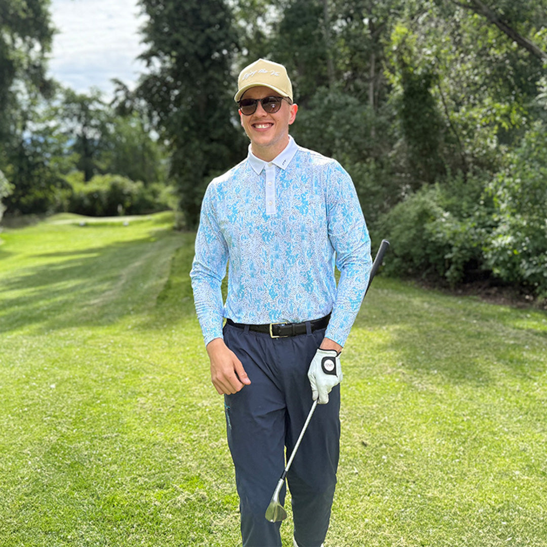 Man wearing the Cacti UPF 50+ long sleeve golf polo on an Okanagan golf course — Enjoy the Vu sun protection golf apparel
