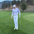 Man wearing the Lavender UPF 50+ long sleeve golf polo on an Okanagan golf course — Enjoy the Vu sun protection golf apparel
