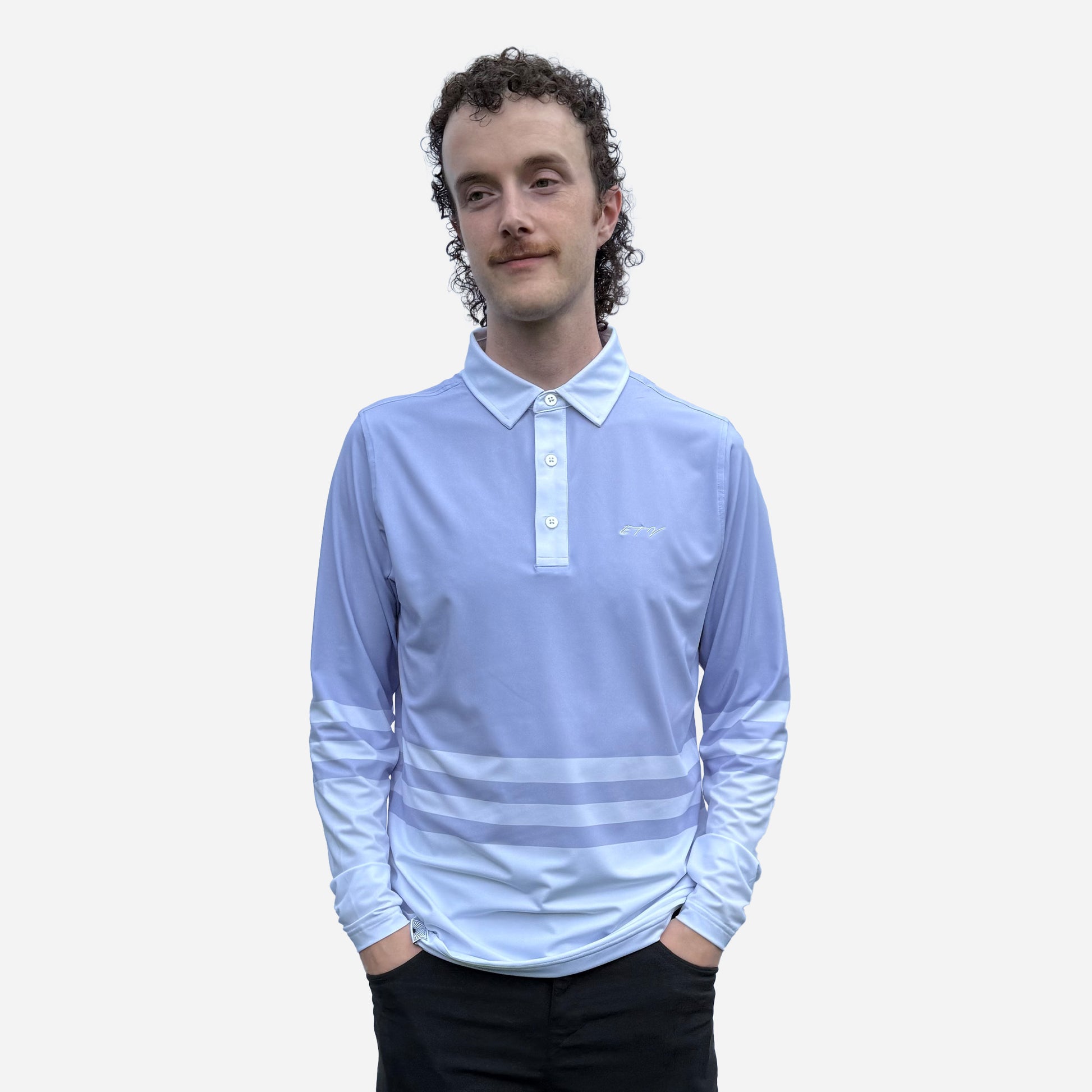 Man wearing a lavender UPF 50+ long-sleeve polo shirt with white stripes on a plain background