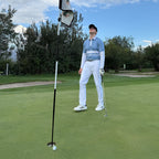 Man wearing the Marble Blue UPF 50+ long sleeve golf polo on an Okanagan golf course — Enjoy the Vu sun protection golf apparel
