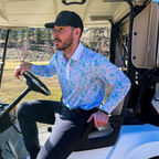 Man wearing the Cacti UPF 50+ long sleeve golf polo on an Okanagan golf course — Enjoy the Vu sun protection golf apparel