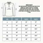 Size chart for a long-sleeve shirt with measurements in inches
