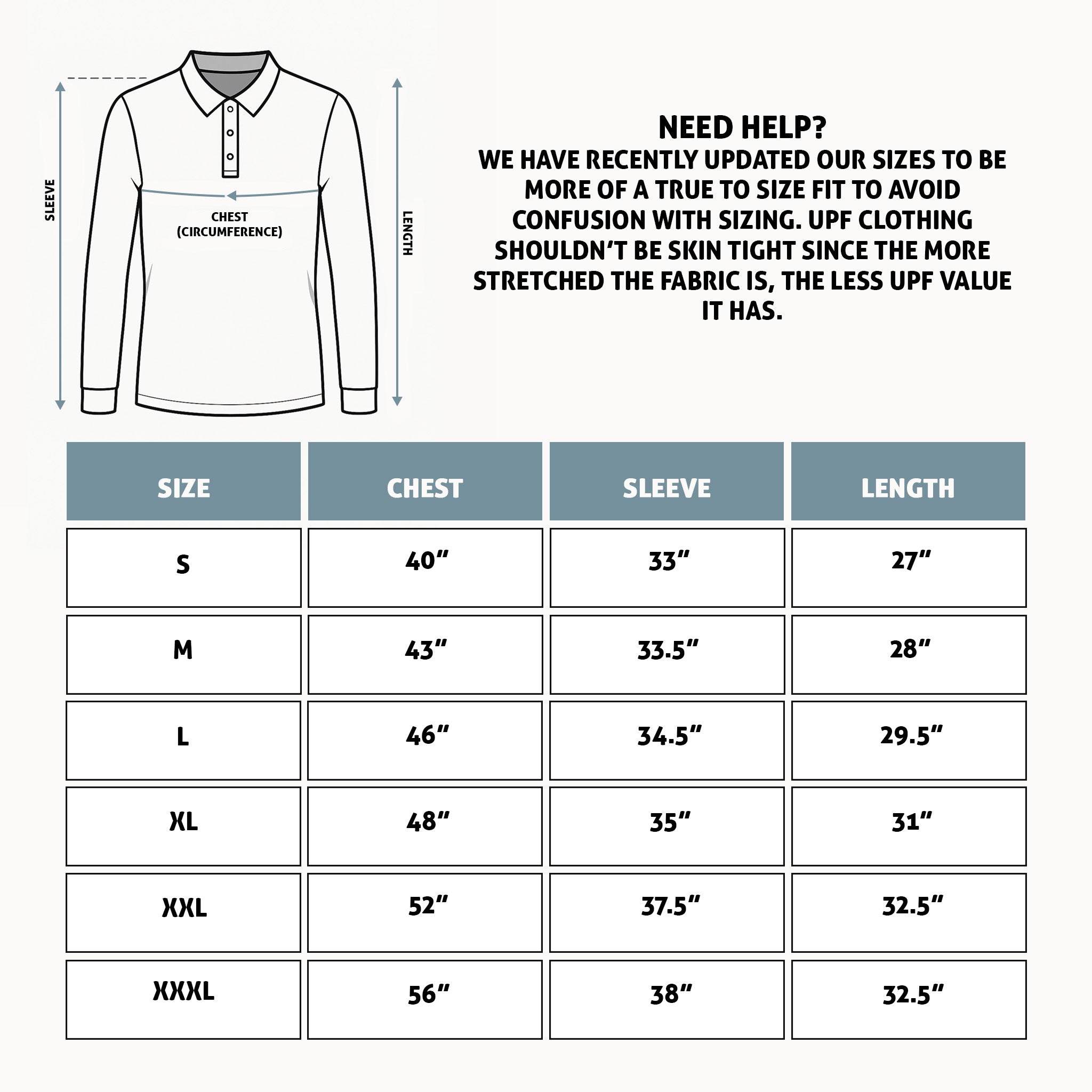 Enjoy the Vu long sleeve golf polo size chart — measurements in inches for UPF 50+ sun protection polo
