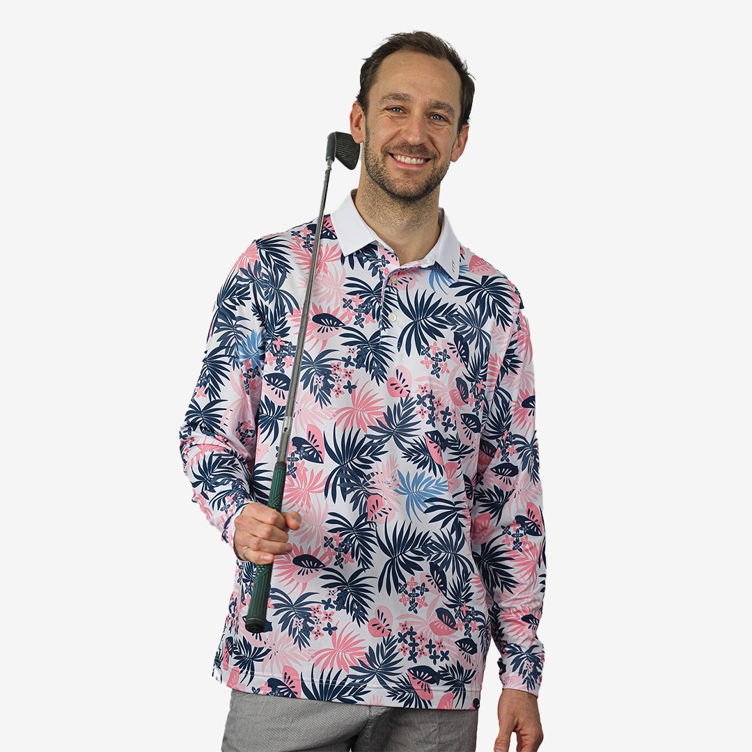 Man wearing the Tropical UPF 50+ long sleeve golf polo on an Okanagan golf course — Enjoy the Vu sun protection golf apparel