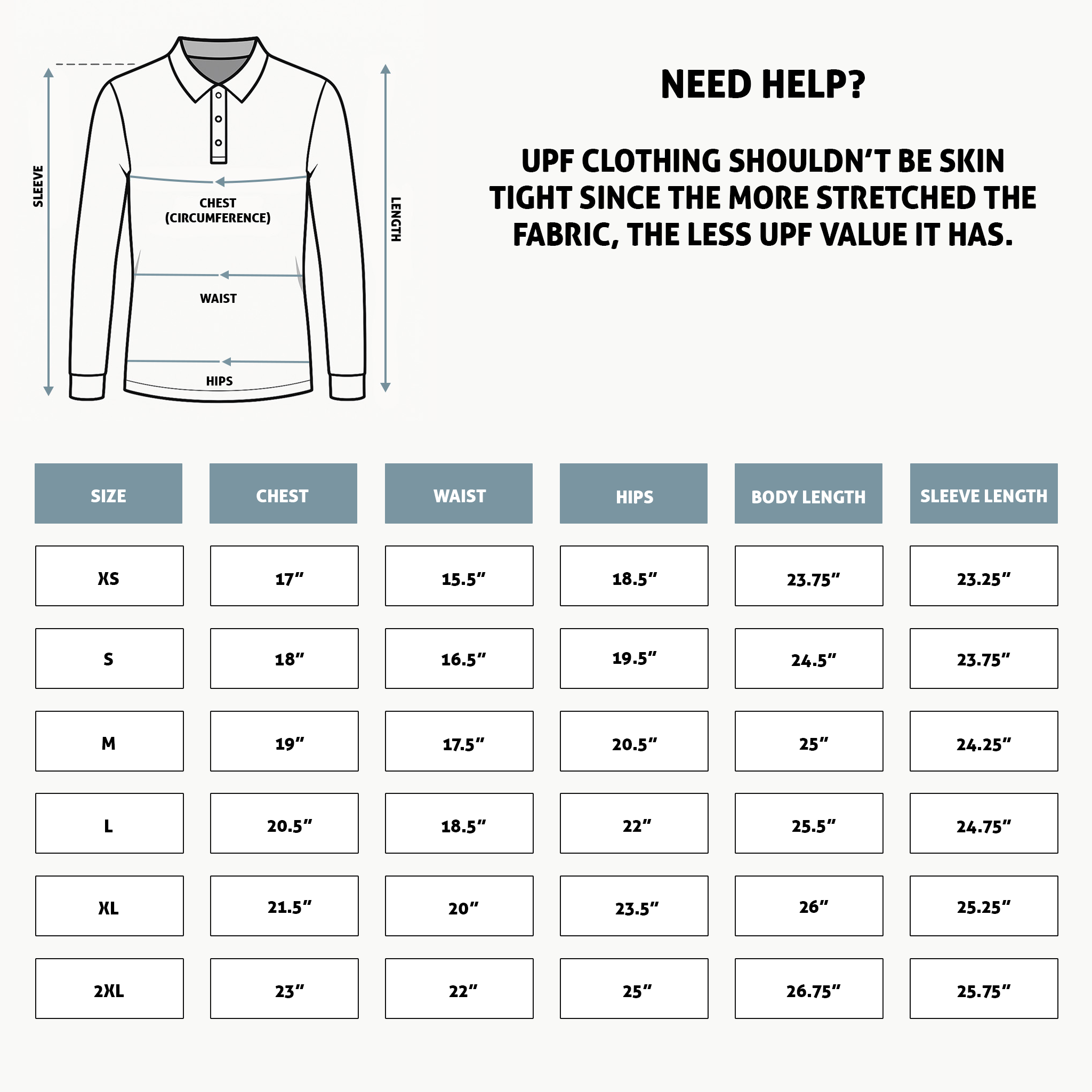 Enjoy the Vu long sleeve golf polo size chart — measurements in inches for UPF 50+ sun protection polo